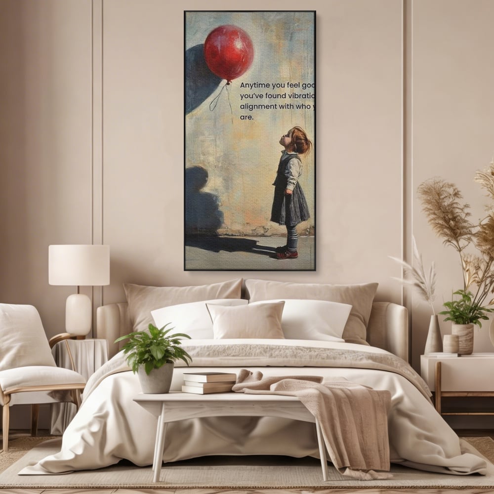 Tablou canvas cu tablou canvas cu fetita si balon rosu, in rama de aluminiu negru, pe perete intr-un dormitor
